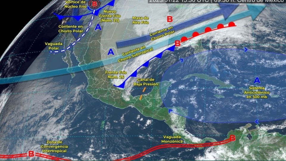 El ingreso del nuevo frente frío 27 y el desarrollo de la cuarta tormenta invernal de la temporada originarán vientos muy fuertes con tolvaneras y ambiente muy frío sobre el noroeste y norte del país