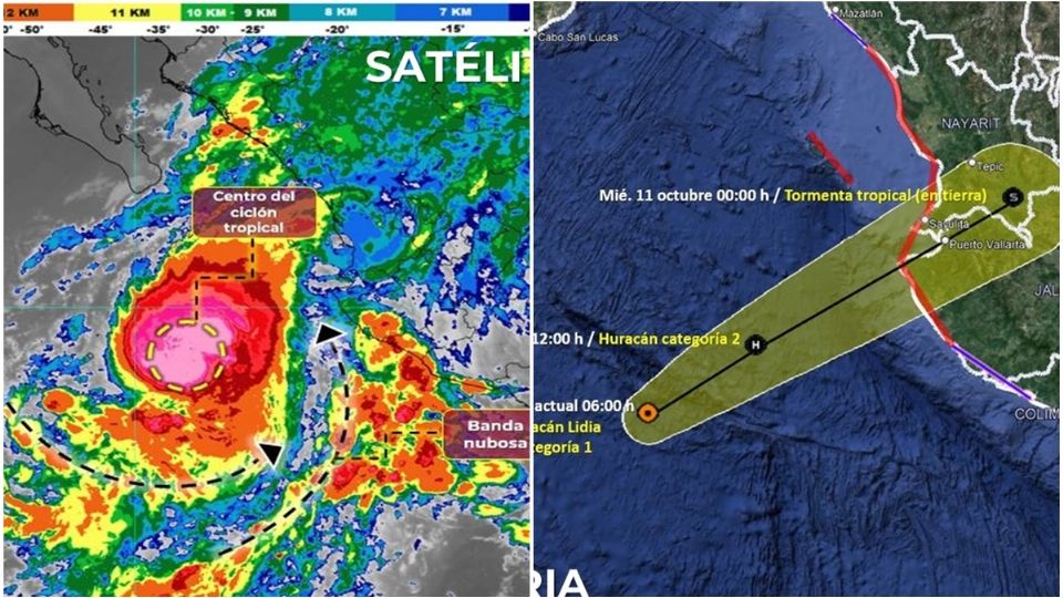 El huracán Lidia se encuentra a unos 380 kilómetros al oeste-suroeste de Puerto Vallarta, estado de Jalisco.