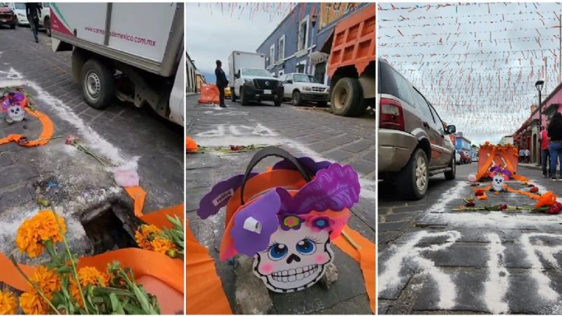 En medio de una vialidad de la capital de Oaxaca, un grupo ciudadano colocó una “tumba” con la intención de alertar sobre el peligro que representa un socavón