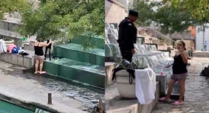 VIDEO| Ante falta de agua en Monterrey, mujer lava su ropa en cascadas de agua en Paseo de Santa Lucía
