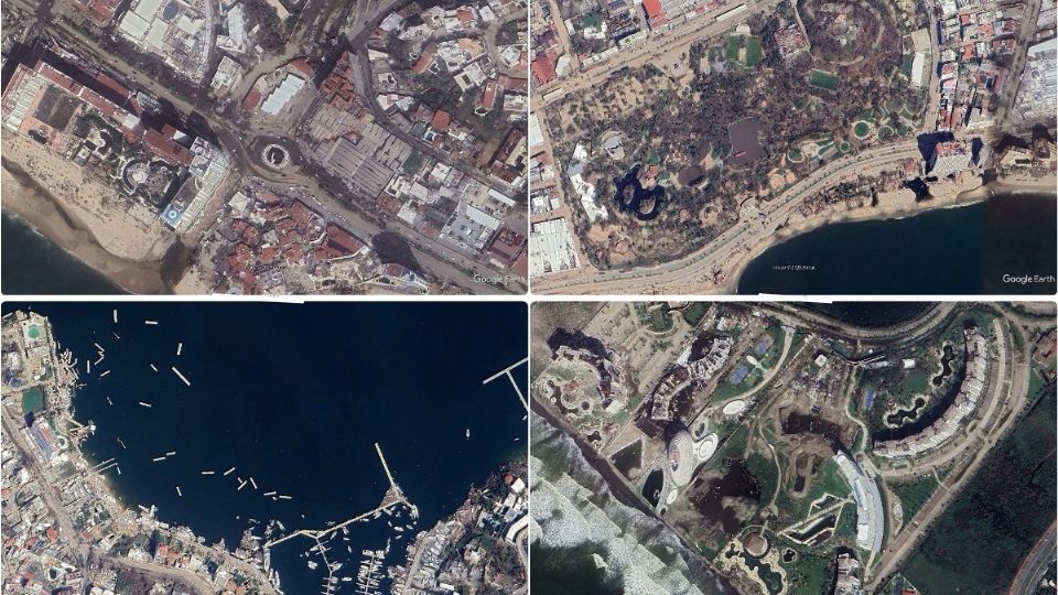 Google Earth publicó una serie de imágenes satelitales que revelan el tamaño de la devastación en Acapulco: la Glorieta de la Diana, el Parque Papagayo, la sede de la Secretaría de Salud, el Club de Yates, Puerto Marqués y Revolcadero son algunas de las zonas que reflejan el daño total provocado por el huracán Otis