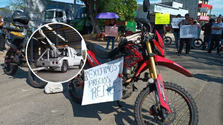 Protestan moto repartidores de Coatzacoalcos por cobros excesivos de grúas