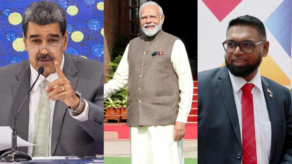 Izq. Nicolás Maduro, presidente de Venezuela; al centro, Narendra Modi, primer ministro de India; derecha, Irfaan Ali, presidente de Guyana
