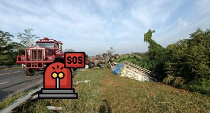 Trailero se queda sin brazo tras volcar en carretera del norte de Veracruz