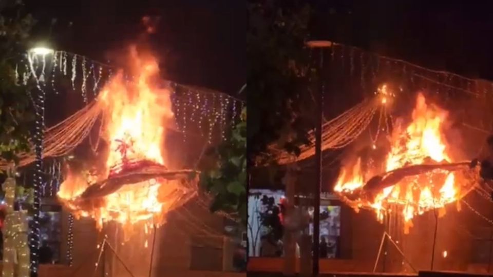 Incendian adornos navideños del parque de Sayula de Alemán