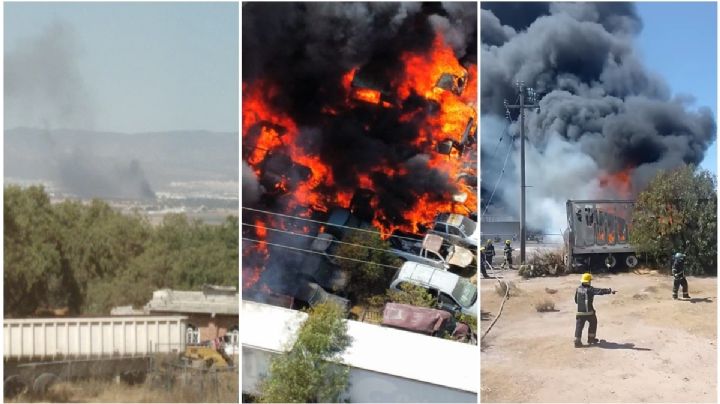 Fuerte incendio consume varios vehículos en un corralón de Mineral de la Reforma | VIDEO