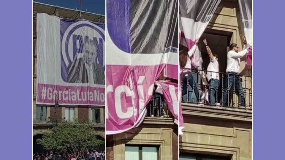 Cuelgan una manta de García Luna frente al Zócalo capitalino, pero ciudadanos la quitaron