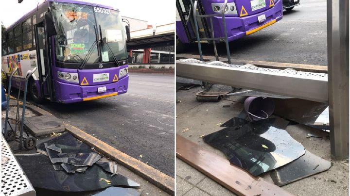 Camión de transporte público rompe parabús en Tlalpan