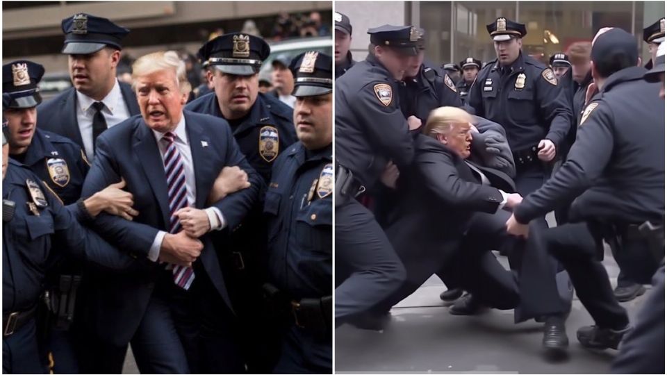 En las imágenes se puede observar a Donald Trump corriendo y siendo perseguido por hombres con uniformes de policía; en otras se le ve ya detenido.
