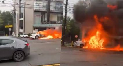 VIDEO: Sorprende auto en llamas que avanza solo en San Pedro, Nuevo León