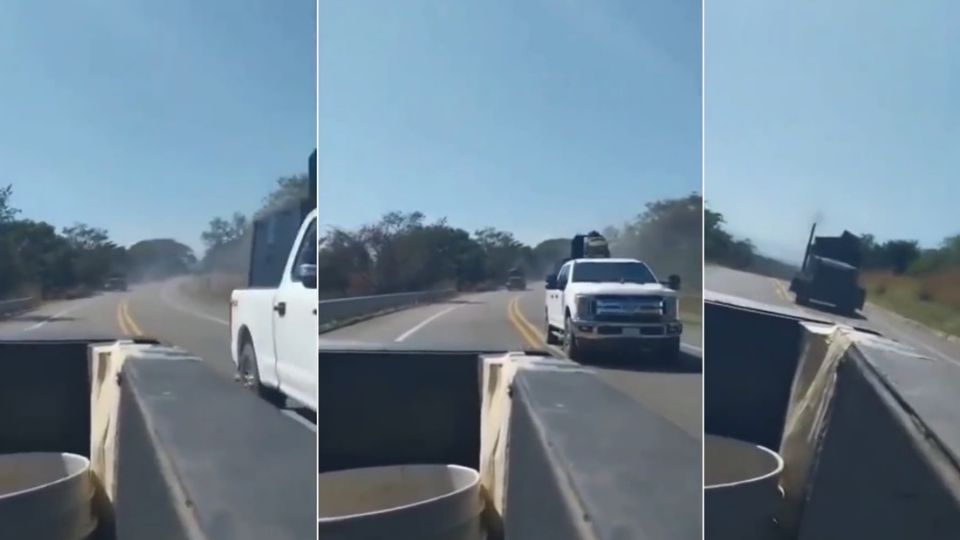 En un video que circula en redes sociales se observa una persecución armada entre camionetas artilladas y un camión, de los llamados “monstruo”, que termina en un “feroz intercambio de balazos”