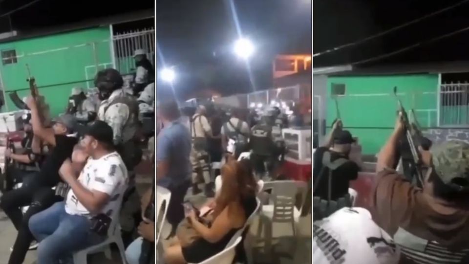 En el video también se observa que participan en la fiesta de balazos personas vestidas como agentes de la Guardia Nacional, con uniformes tácticos y armas de alto poder