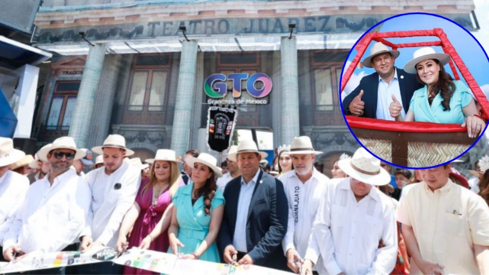 El gobernador Diego Sinhue Rodríguez Vallejo en el corte del listón inaugural del pabellón de Guanajuato en la Feria de San Marcos, le acompata la gobernadora de Aguascalientes, María Teresa Jiménez Esquivel.