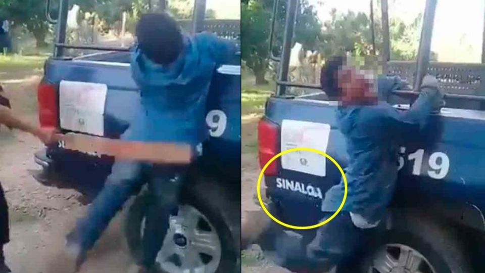 Policías municipales de Escuinapa, Sinaloa, fueron captados cuando daban tablazos a un detenido, quien se encuentra esposado a una patrulla; grita de dolor