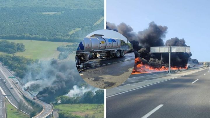 Emergencia en Tuxpan por incendio de pipa de gasolina en autopista