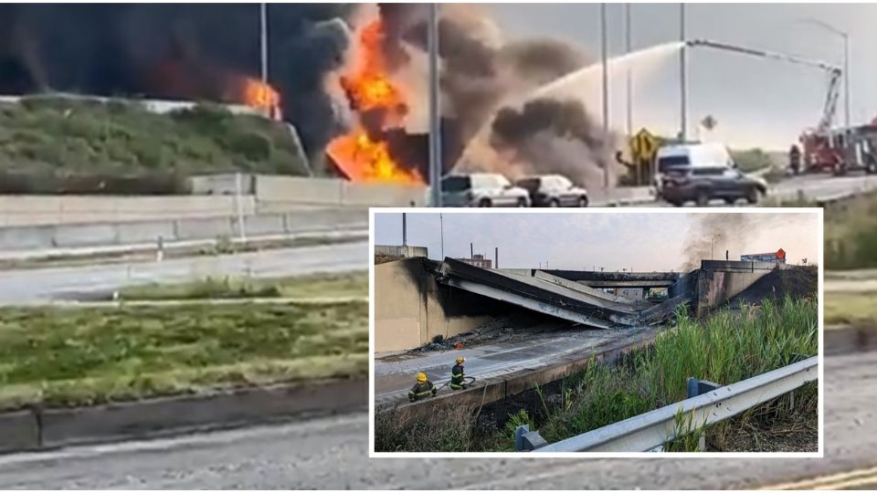 Un puente de la carretera interestatal 95, una de las principales autopistas de Estados Unidos, colapsó después de que un vehículo se incendiara por debajo de este