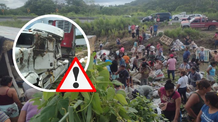 Tras volcadura de tráiler en el sur de Veracruz, rapiñan frijoles, arroz y maíz