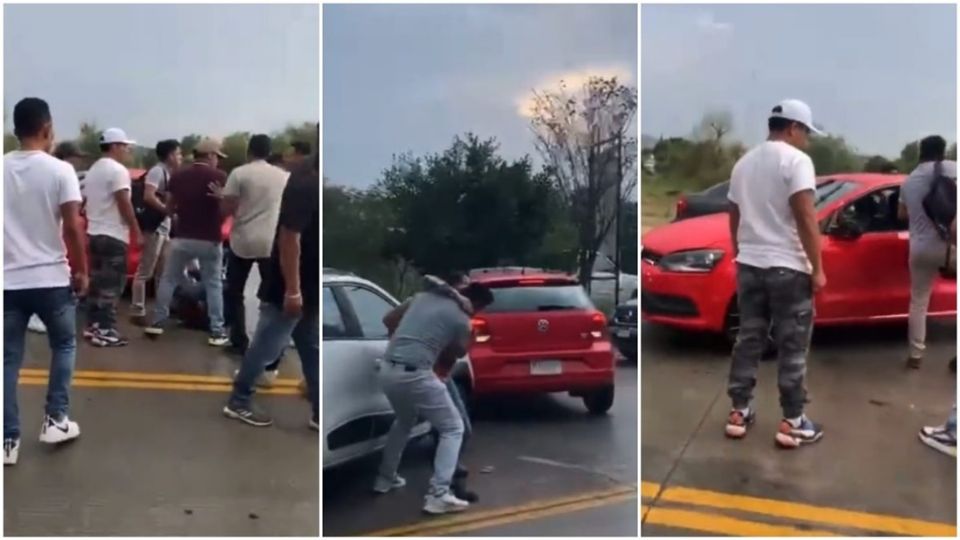 En el video se aprecia cómo el conductor del auto rojo discute con el de una camioneta y cuando las cosas suben de tono se echa de reversa para tratar de escapar, atropellando a una mujer que portaba un chaleco naranja