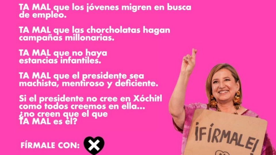 En una nueva estrategia, Gálvez juega con la palabra compuesta “Ta Mal” para criticar la falta de medicinas, el gasto millonario de las corcholatas de Morena, las fallas en el Metro de la Ciudad de México y lo machista del presidente