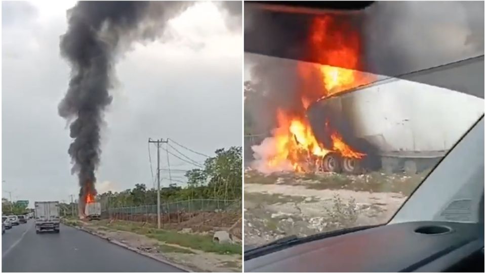 Se viraliza video de tráiler en llamas en Cancún, Quintana Roo.