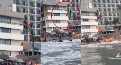 VIDEO| Parachute se sale de control y mujer queda atorada en hotel de Mazatlán