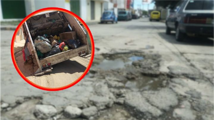 "Bachuca": camión recolector cae a enorme hoyo y queda atascado