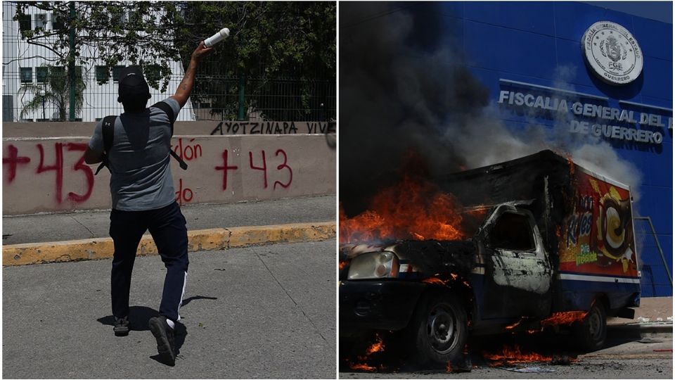 Estudiantes se manifiestan frente a la Fiscalía General del Estado para exigir justicia por los 43 normalistas desaparecidos de Ayotzinapa.