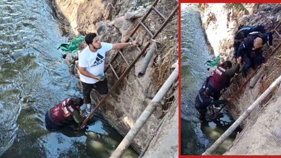 Policías y civiles ayudaron a la mujer a salir del canal.