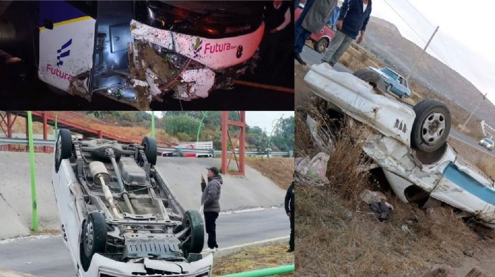 Sábado accidentado: Vuelcan 2 camionetas y un autobús de pasajeros destrozado