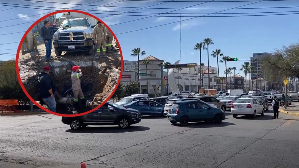 Trabajadores de Sapal reparan la fuga en el bulevar Manuel J. Clouthier.