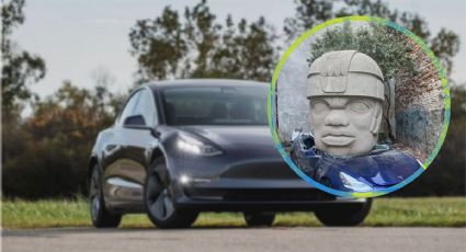 Artista hidalguense destroza un Tesla con una cabeza olmeca, así su curiosa exposición