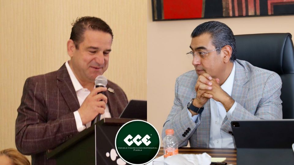 De lado izquierdo Héctor Alberto Sánchez presidente del CCE de Puebla y al lado derecho 
Sergio Salomón, gobernador
