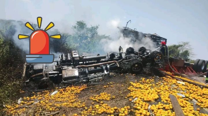Muere quemado chófer en choque de 2 tráileres en autopista Cosoleacaque - La Tinaja