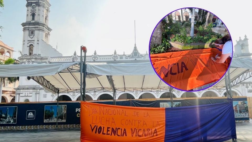 Visibilizan este problema con mantas en el zócalo de Veracruz.