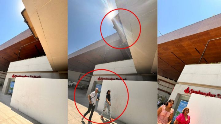 Peligrosa estructura sobresale de segundo piso en Plaza Mayor; está amarrada con un mecate