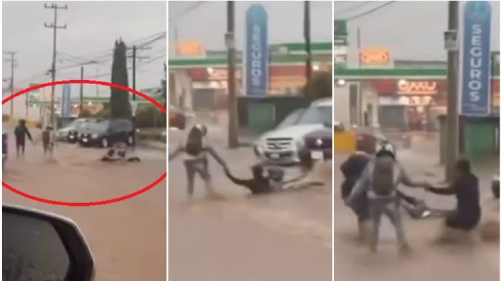 Lluvias arrastran a 2 personas en Tulancingo, con cadena humana las rescatan