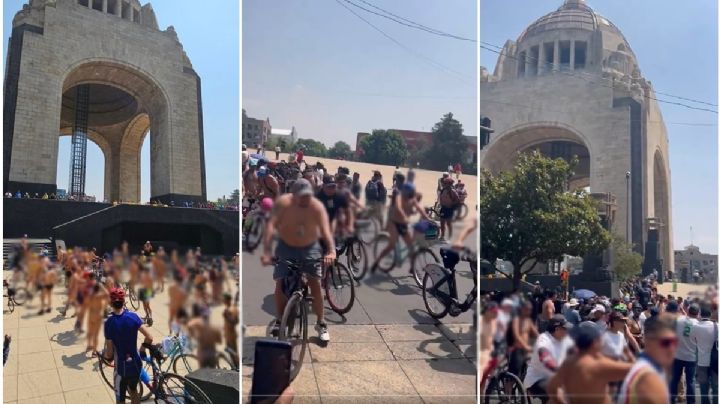 Ciclistas al desnudo se reúnen en Monumento a la Revolución
