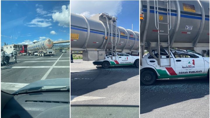 Funcionario no ve a pipa retornar y queda abajo con todo y vehículo