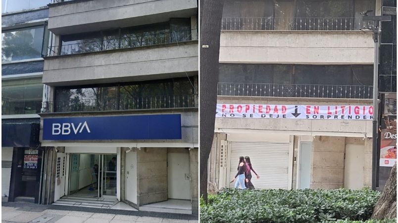 Imagen de cómo se veía el edificio con la sucursal BBVA mediante Google Street View y cómo se ve ahora, en litigio