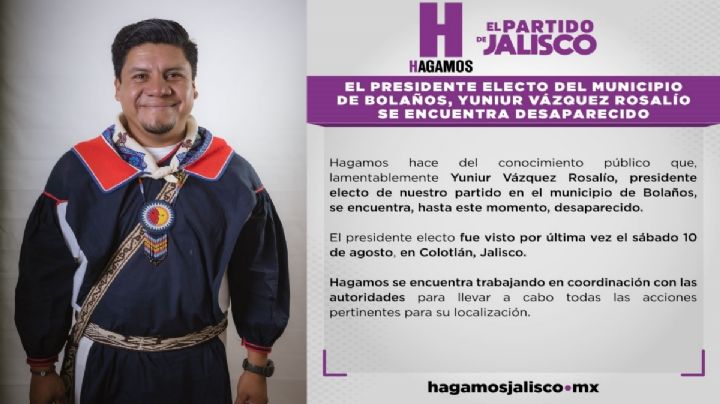 Alcalde electo de Bolaños, Jalisco, es reportado como desaparecido
