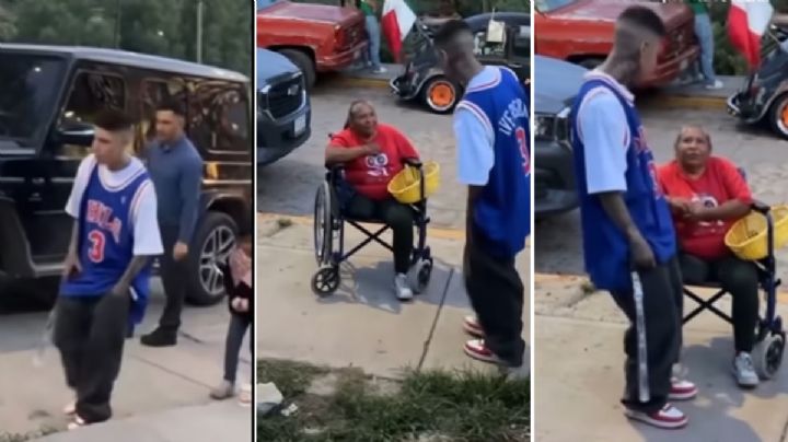 Santa Fe Klan regala dinero y abraza a mujer que vende dulces en silla de ruedas