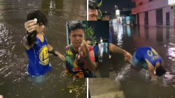 Jarochos imitan a sacamonedas durante inundación en avenida Yáñez de Veracruz