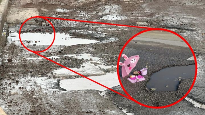 Conductores de Mineral de la Reforma hacen arte en los baches para protestar por sus calles