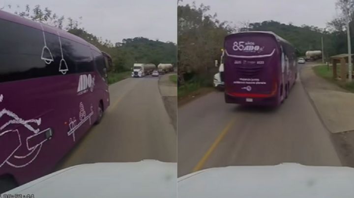 A 10 días de tragedia en Perote, captan a ADO GL rebasar de manera imprudente en carretera de Tihuatlán