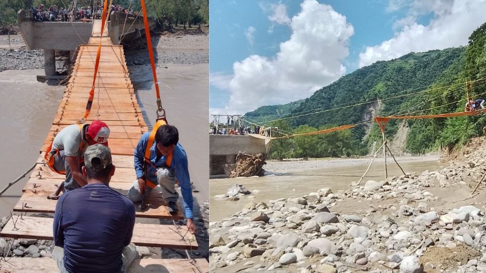 Pobladores de Texcatepec construyen puente colgante