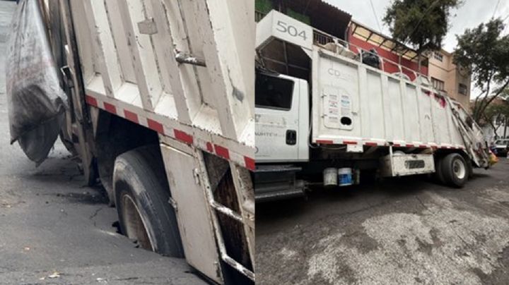 Otra vez un camión de basura cae en socavón de la colonia Vista Alegre, CDMX