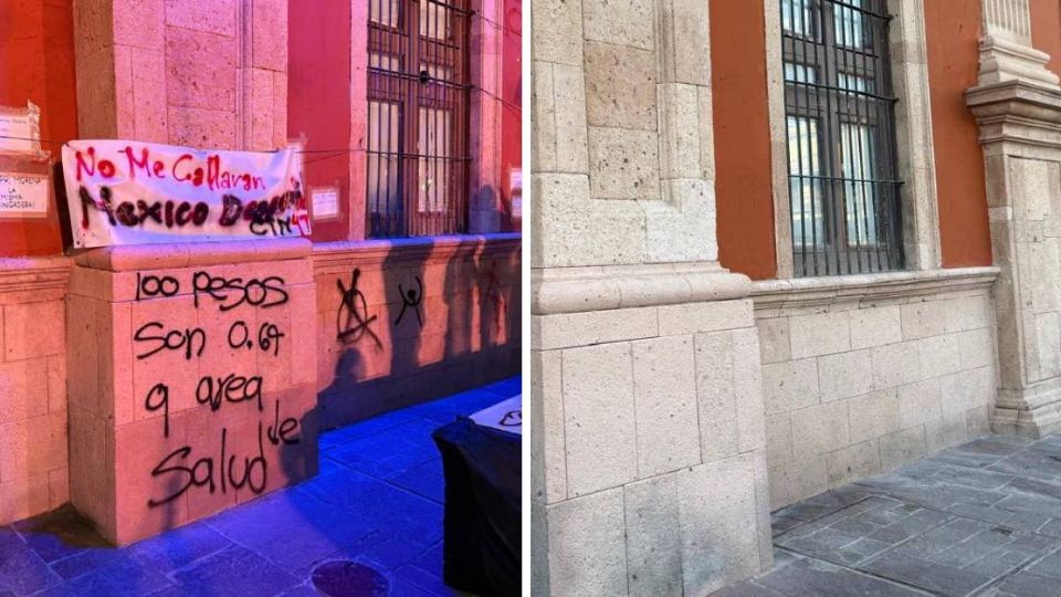 Así habían pintarrajeado el sábado el Palacio Municipal de León y ahora ya quedó limpio.