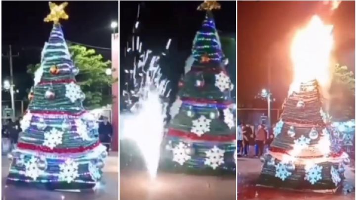 Duró poco la emoción: árbol de Navidad se incendia durante su encendido en Tula