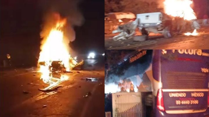 Así fue el choque contra autobús de pasajeros que dejó 2 muertos y una camioneta calcinada