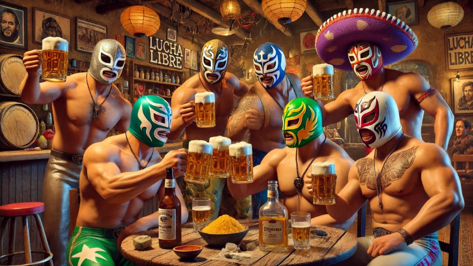 Cantina con peleadores de Lucha Libre